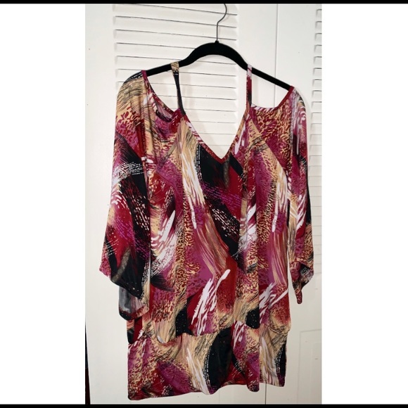 Red Cold Shoulder, Peasant Top - Picture 2 of 4